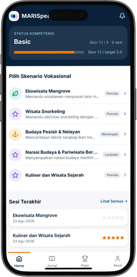 Tampilan aplikasi MARISpeak di ponsel: status kompetensi, daftar skenario, dan sesi terakhir